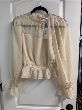 NA-KD Cream Sheer Ruffle-Peplum Blouse